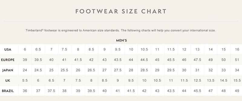 timberland boots size chart width