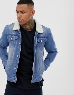 black denim jacket with blue denim jeans