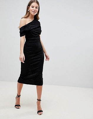 Asos Design Pleated Shoulder Lace Midi Dress