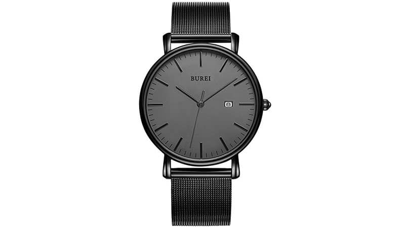 BUREI Men's Fashion Minimalist Wrist Watches Analog Deep Gray Date with Black Milanese Mesh Band