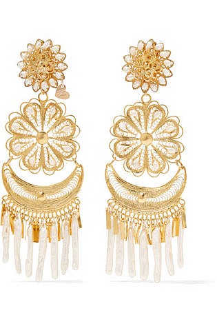 Mercedes Salazar Fiesta Tasseled Gold Plated Pearl Clip Earrings