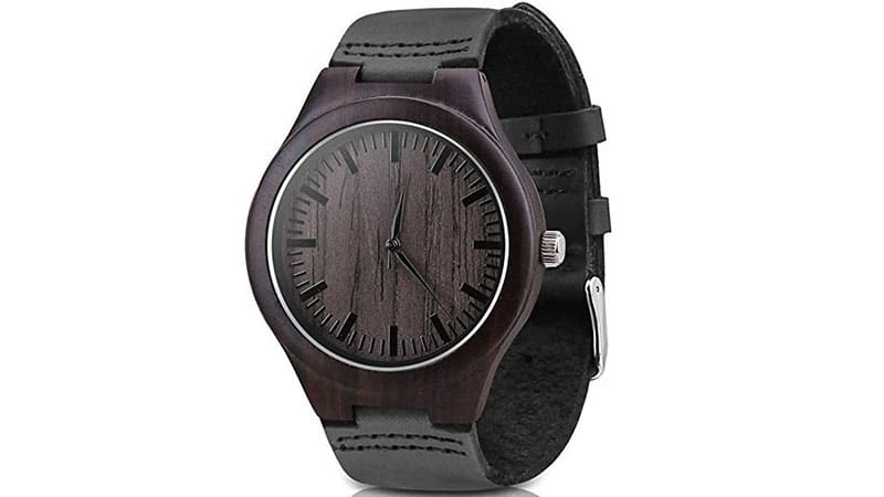 Mercimall Mens Black Wooden Watch with Leather Strap Original Grain Wood Watches