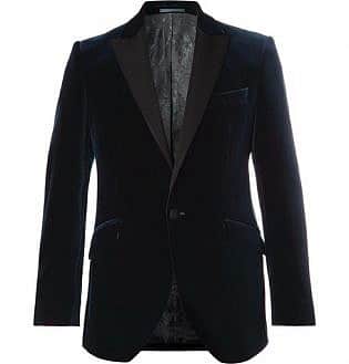 Midnight Blue Slim Fit Faille Trimmed Cotton Velvet Tuxedo Jacket