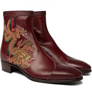 Webbing Trimmed Embroidered Leather Chelsea Boots