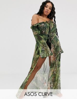 Aos Design Curve Curve Glam Off Shoulder Beach Kimono In Animal Palm Print