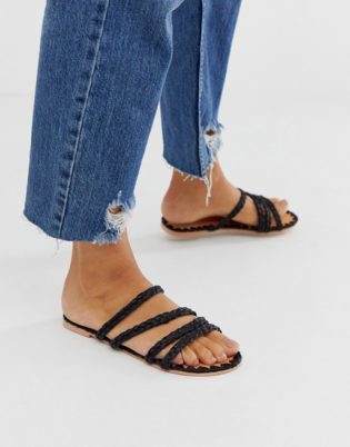 Asos Design Felix Premium Raffia Flat Sandals (Black)