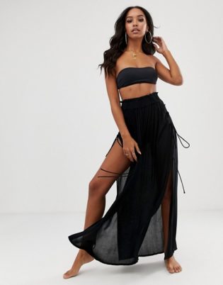 Asos Design Maxi Beach Skirt With Lace Up Sides In Black