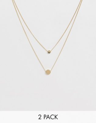 Asos Design Pack Of 2 Double Disc Necklaces In Gold Tone