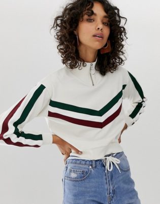 Asos Design Retro Sweatshirt With Tipping And Zip Neck