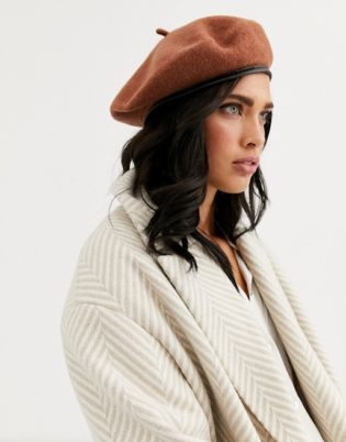 Asos Design Wool Beret With Bound In Brown