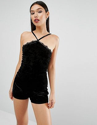Boohoo Crushed Velvet Playsuit With Eyelash Lace Trim