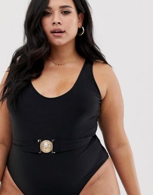 Boohoo Plus Belted Swimsuit In Black