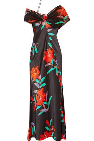 Diane Von Furstenberg Off The Shoulder Floral Print Silk Crepe De Chine And Tulle Gown