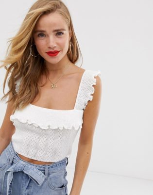 In The Style X Laura Jade Knitted Floral Crop Top In White