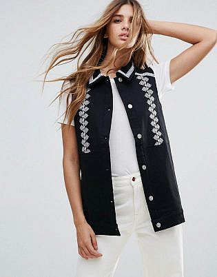 Neon Rose Embroidered Denim Vest