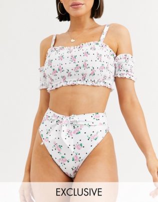 Peek Beau Exclusive Eco High Waist Bikini Bottom With Belt In Floral Polka