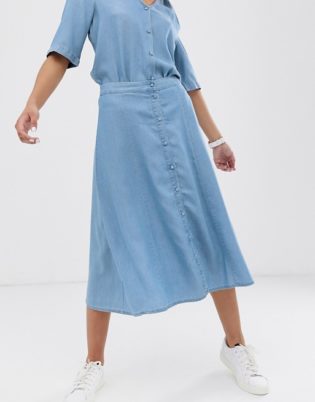 Botão Femme Selecionado Através Chambray Midi Skirt