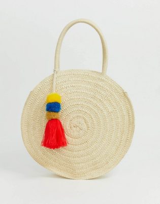 South Beach Structured Round Straw Beach Bag With Pom Pom. Tassel