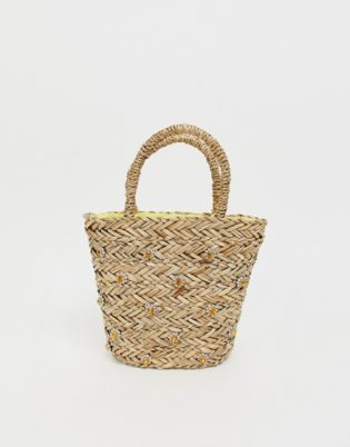 Warehouse X Shrimps Straw Bucket Bag With Daisy Embellishment In Natural