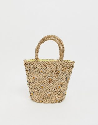 Warehouse X Shrimps Straw Bucket Bag With Daisy Embellishment (Natural)