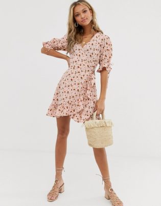 Wednesday's Girl Wrap Mini Dress With Tie Sleeve In Ditsy Floral