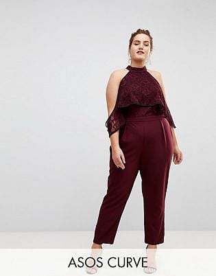 Asos Curve High Neck Lace Top Jumpsuit With Contrast Binding