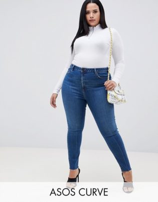 Asos Design Curve Ridley High Waisted Skinny Jeans In Dark Stone Wash With Raw Hem Detail