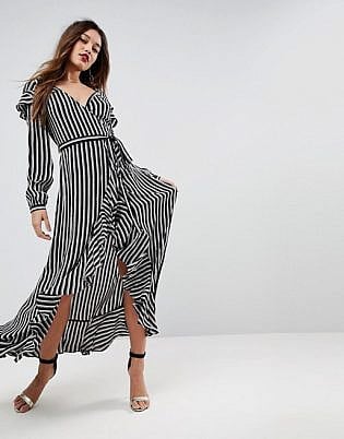 ASOS Long Sleeve Ruffle Wrap Maxi Tea Dress in Stripe