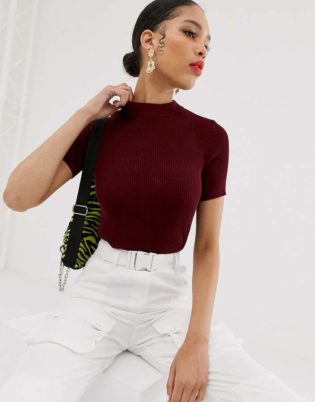Bershka High Neck Tight Ribbed Knitted Top In Burgundy