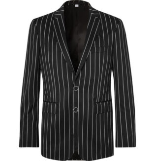 Black Slim Fit Pinstriped Virgin Wool Blend Suit Jacket