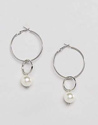 DesignB London Pearl Charm Drop Hoop Earrings