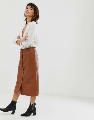 Goosecraft Leather Midi Skirt With Belt Detail
