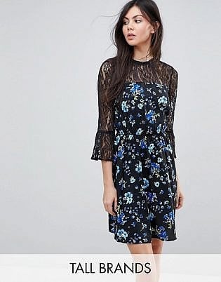 Influence Tall Lace Yoke And Sleeve Floral Skater Dress
