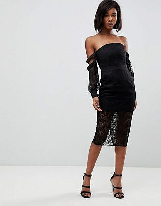 Lioness Bardot Long Sleeve Allover Lace Midi Dress