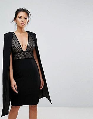 Misha Collection Structured Sequin Midi Dress With Cape Overlay