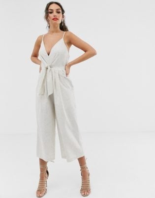 Outrageous Fortune Knot Front Cami Jumpsuit In Sand