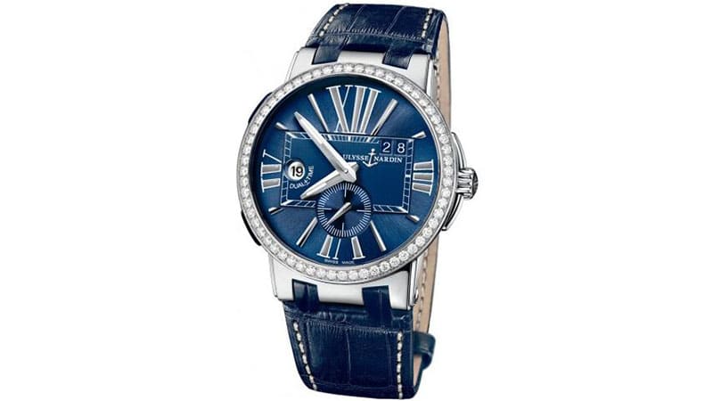 Ulysse Nardin Executive Dual Time Blue Dial Diamond Bezel Blue Leather Men's Watch 243-00B-43