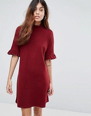 Vero Moda Ribbed Shift Dress With Frill Sleeve