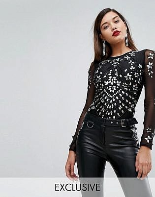 A Star Is Born Going Out Embellished Bodysuit In Sheer Mesh