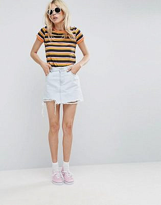 Asos Denim Low Rise Pelmet Skirt In Bleach Wash With Rips
