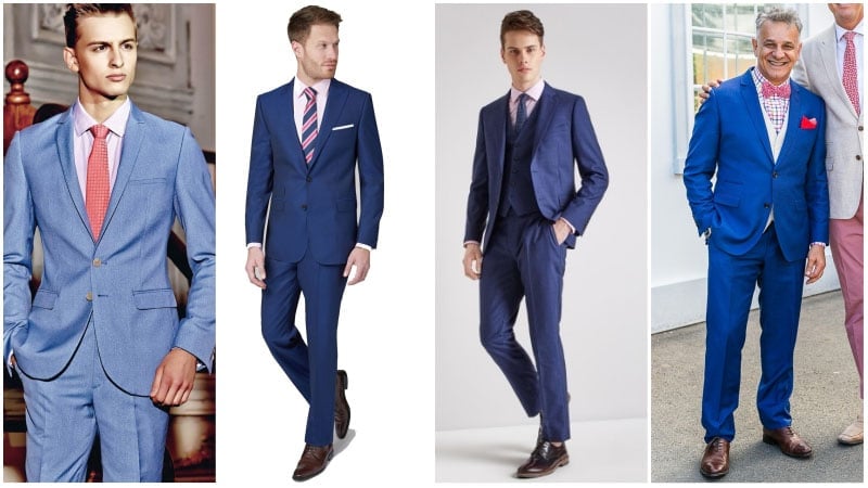 light pink shirt with blue suit