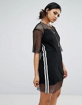 Bones Oversized T Shirt Dress In Large Fishnet With Sports Trim