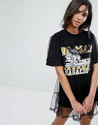 Stylenanda Oversized T Shirt Dress With Varsity Print And Mesh Overlay