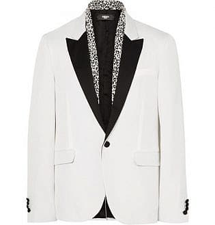 White Slim Fit Leopard Print Trimmed Slub Silk Blazer