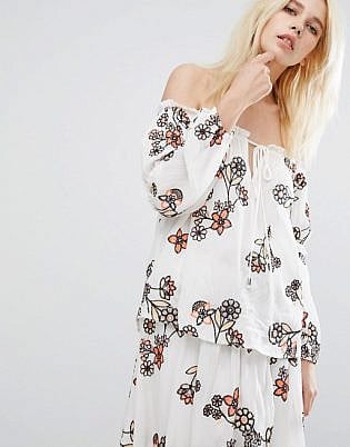 J.o.a Off Shoulder Top With Floral Embroidery Co Ord