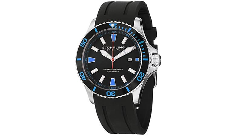 Stuhrling Original Men's 706.02 Aquadiver Regatta Quartz Date Blue Accent Rubber Strap Diver Watch