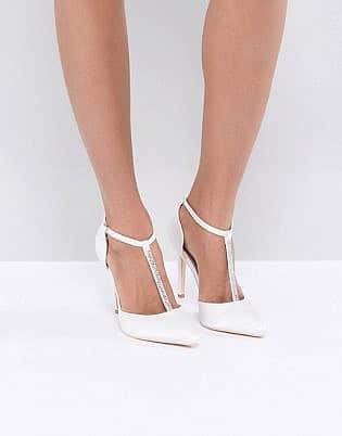 True Decadence Off White Embellished T Bar Court Shoes