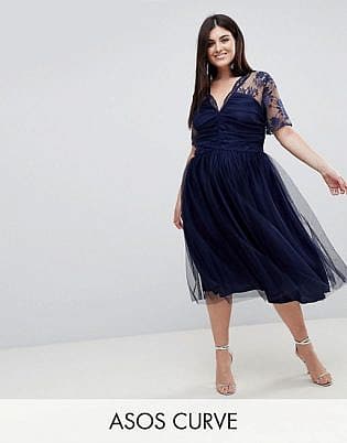 Asos Curve Lace Top Midi Dress With Ruched Bodice