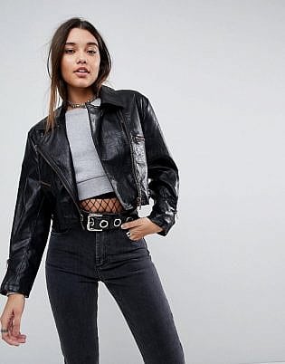 Asos Cropped Leather Look 80's Biker Jacket