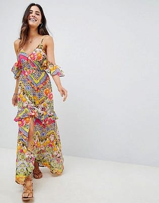 Asos Cuban Tile Print Off Shoulder Bardot Frill Maxi Beach Dress